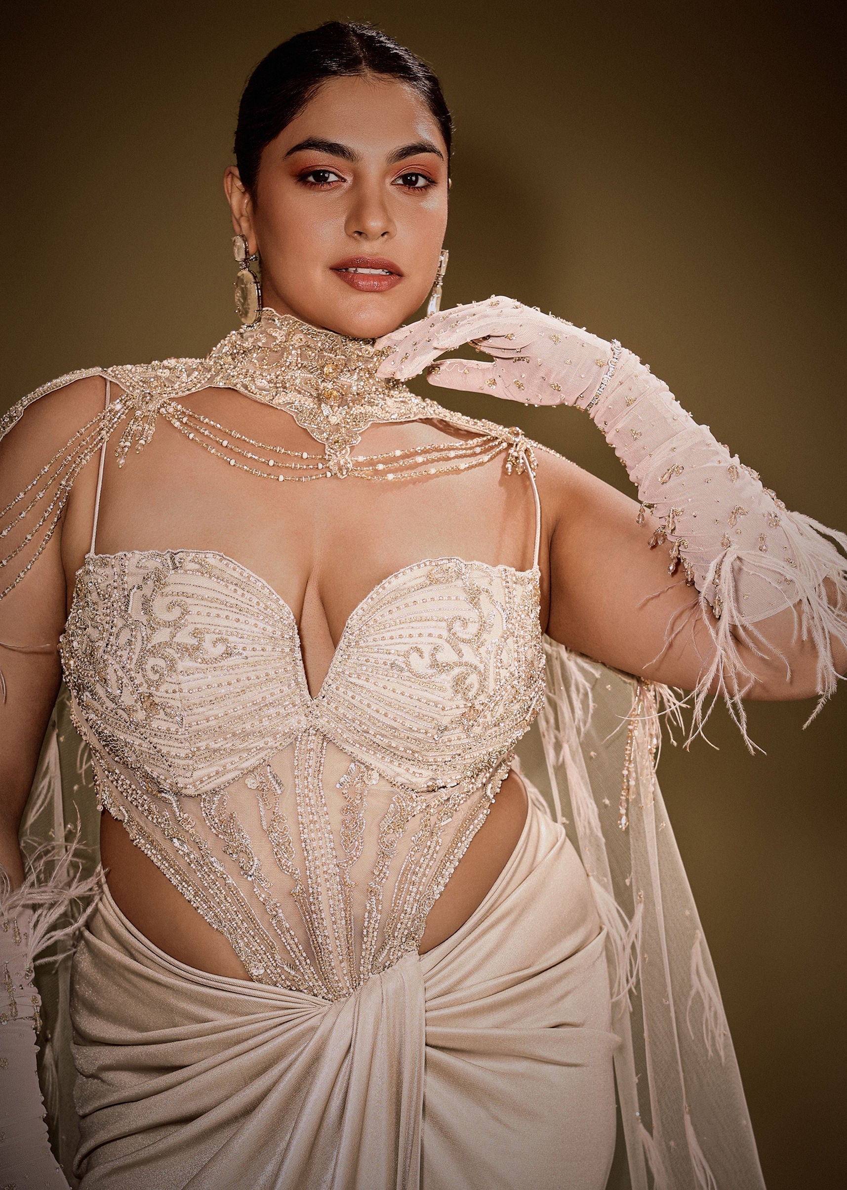 Beige Embroidered Drape Gown With Full Length Embroidered Cape