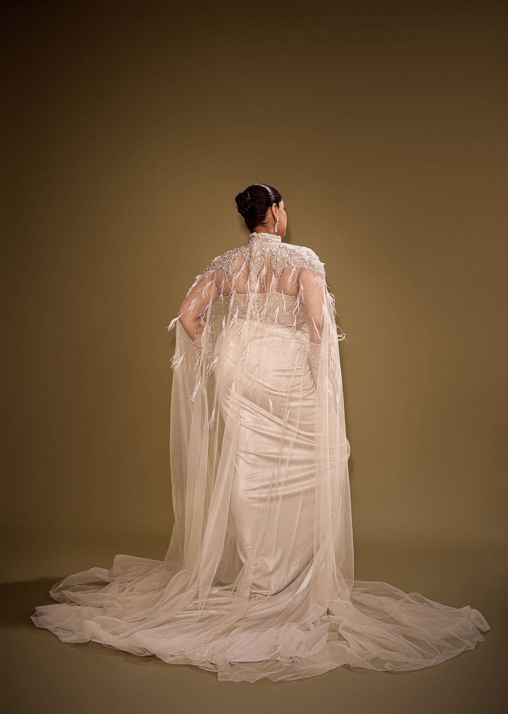Beige Embroidered Drape Gown With Full Length Embroidered Cape