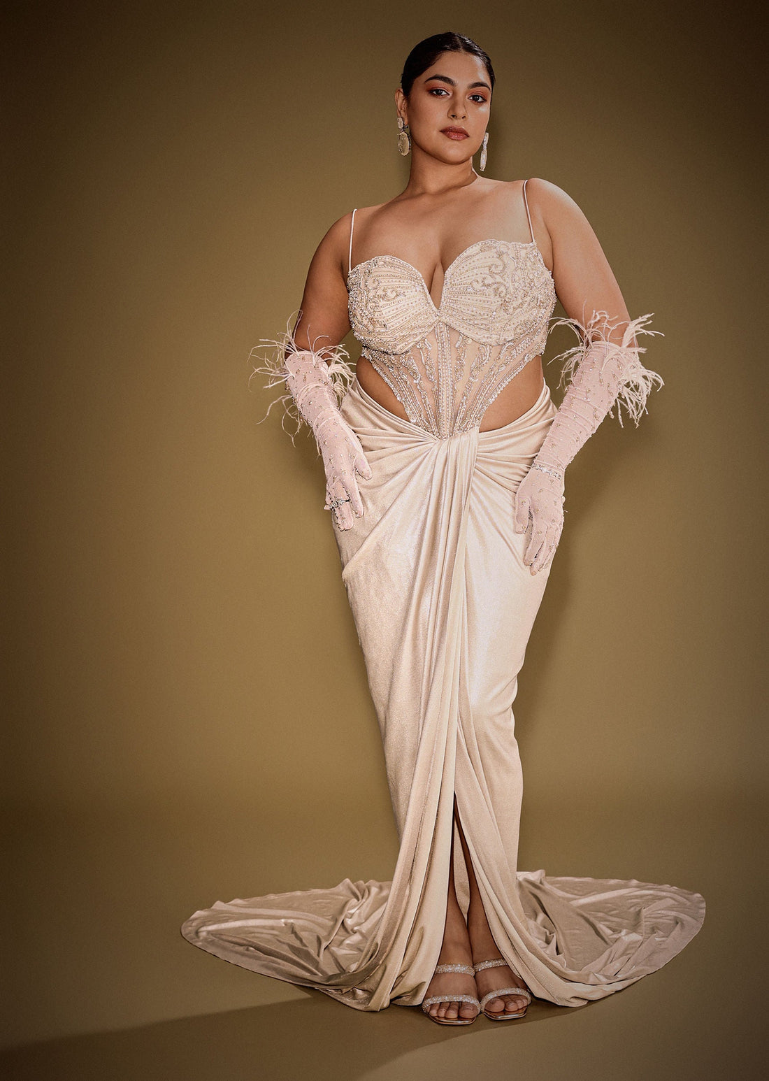 Beige Embroidered Drape Gown With Full Length Embroidered Cape