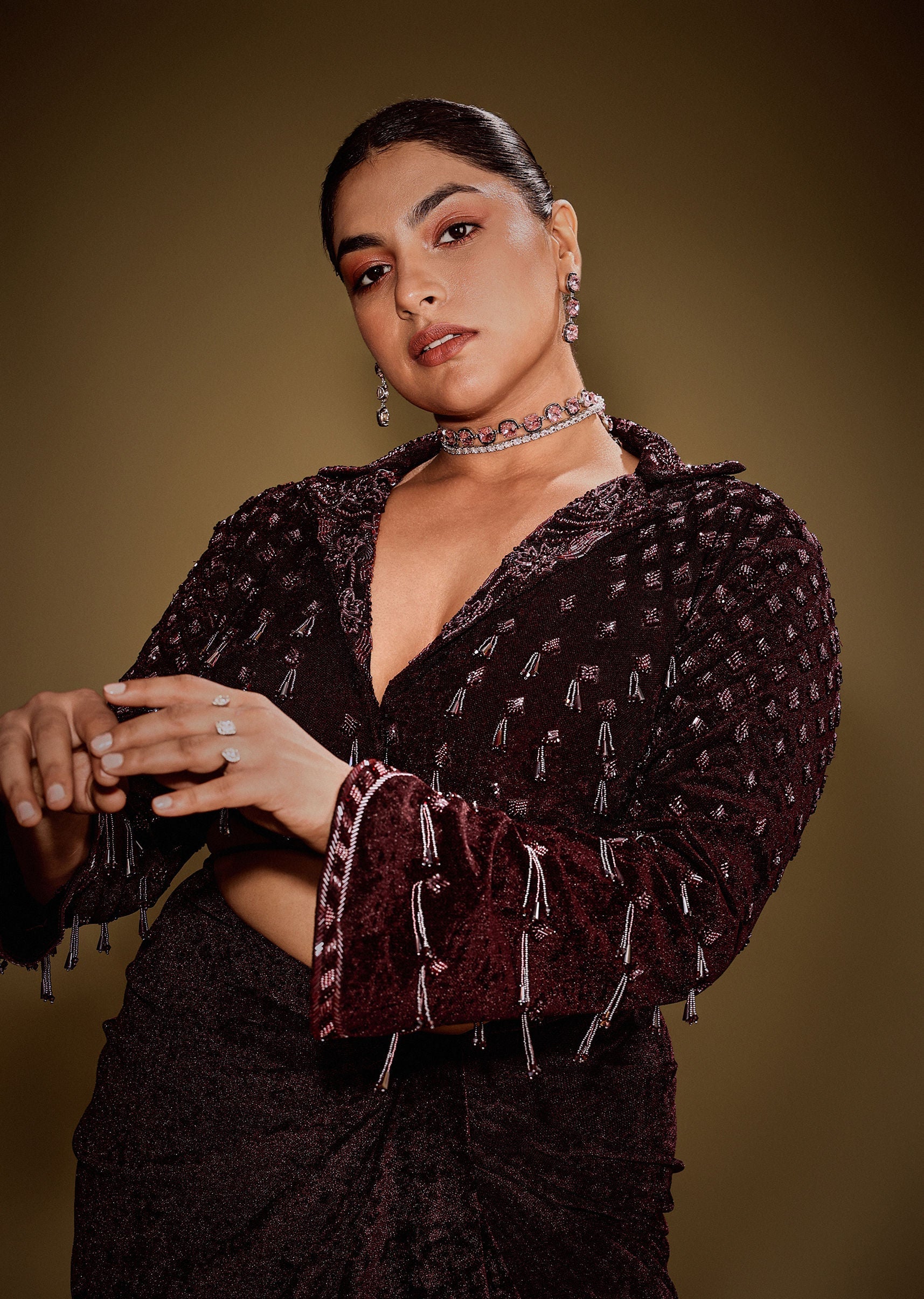 Embroidered Wine Velvet Blazer Blouse With Tassels And Draped Skirt