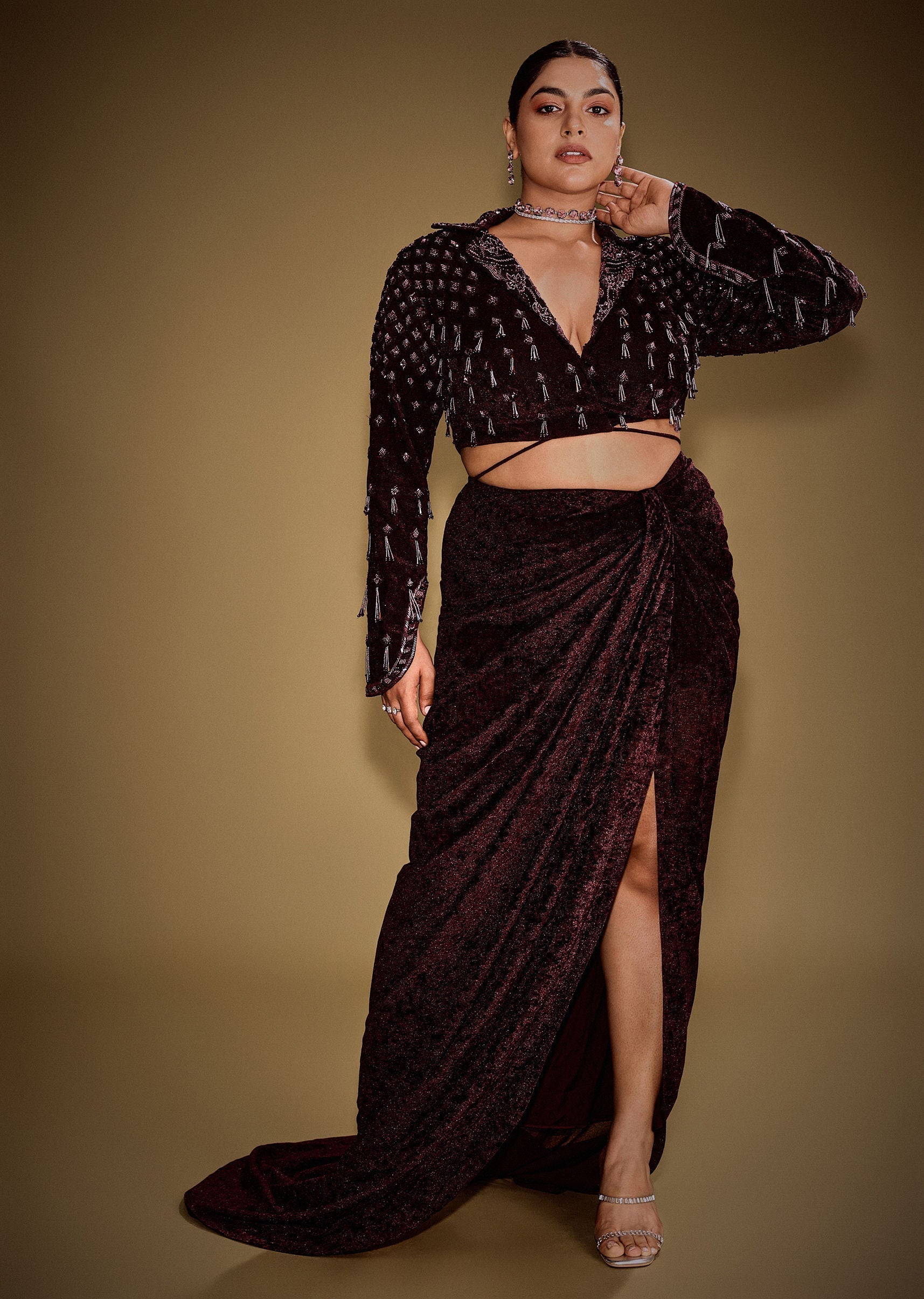 Embroidered Wine Velvet Blazer Blouse With Tassels And Draped Skirt