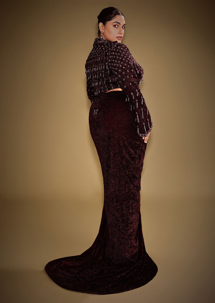 Embroidered Wine Velvet Blazer Blouse With Tassels And Draped Skirt