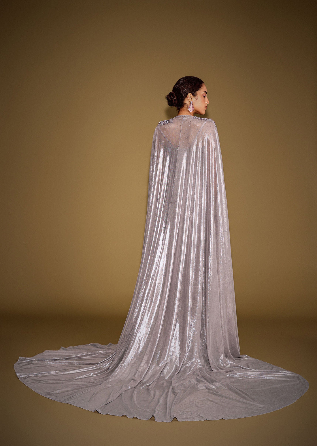 Grey Corset Drape Gown Paired With Embroidered Cape