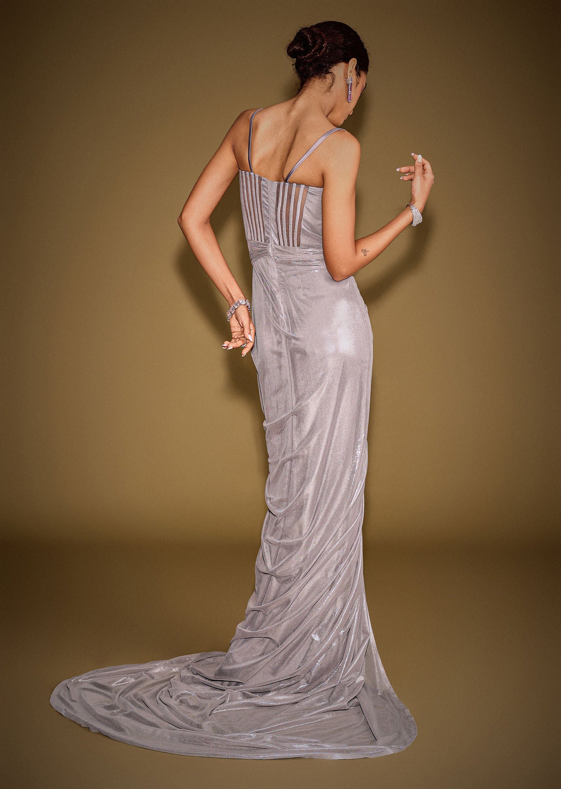 Grey Corset Drape Gown Paired With Embroidered Cape