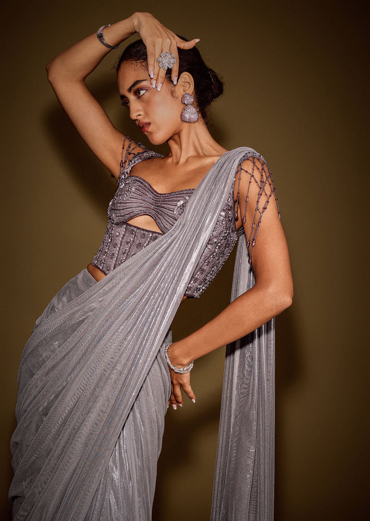 Grey Embellished Corset Blouse With Draped Saree And Tassel Detailing
