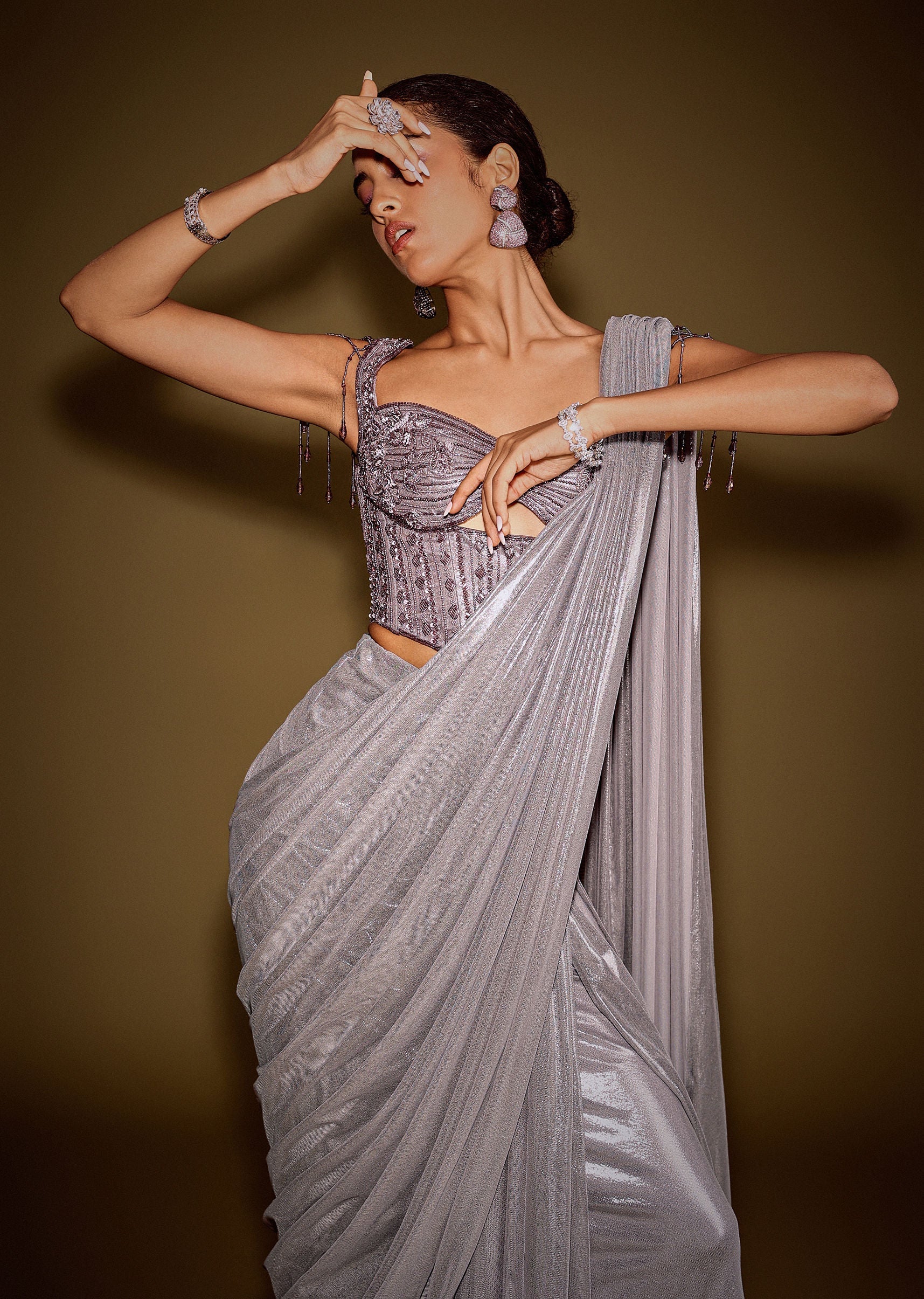 Grey Embellished Corset Blouse With Draped Saree And Tassel Detailing