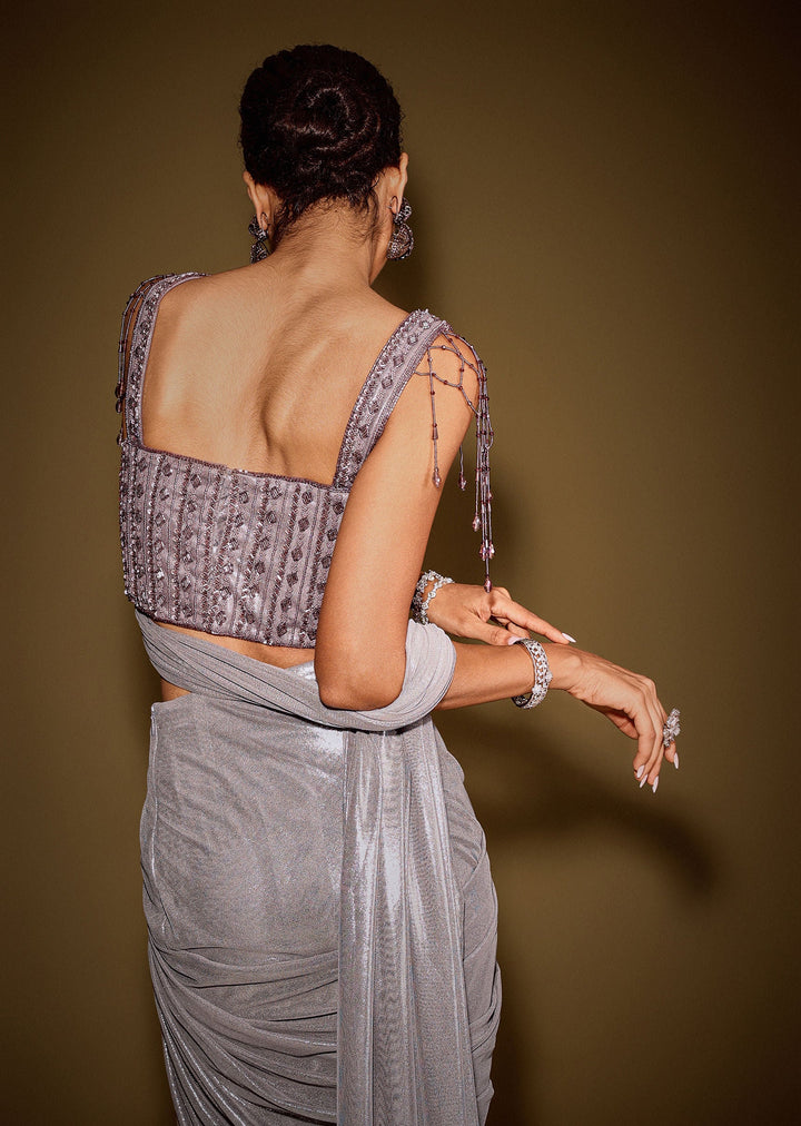 Grey Embellished Corset Blouse With Draped Saree And Tassel Detailing
