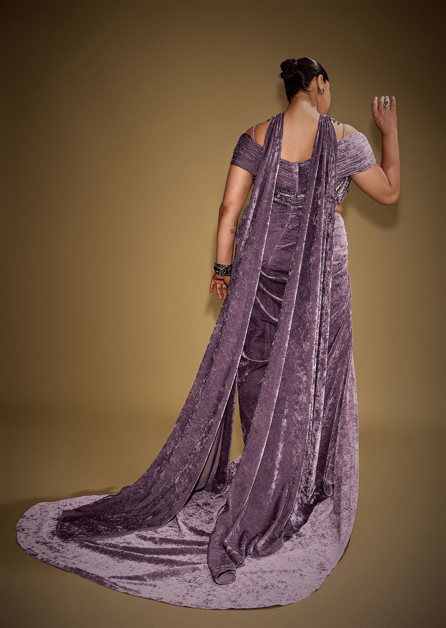 Mauve Off Shoulder Velvet Gown With Keyhole Detail And Embroidered Choker