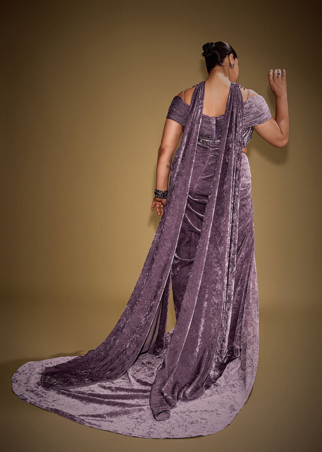 Mauve Off Shoulder Velvet Gown With Keyhole Detail And Embroidered Choker