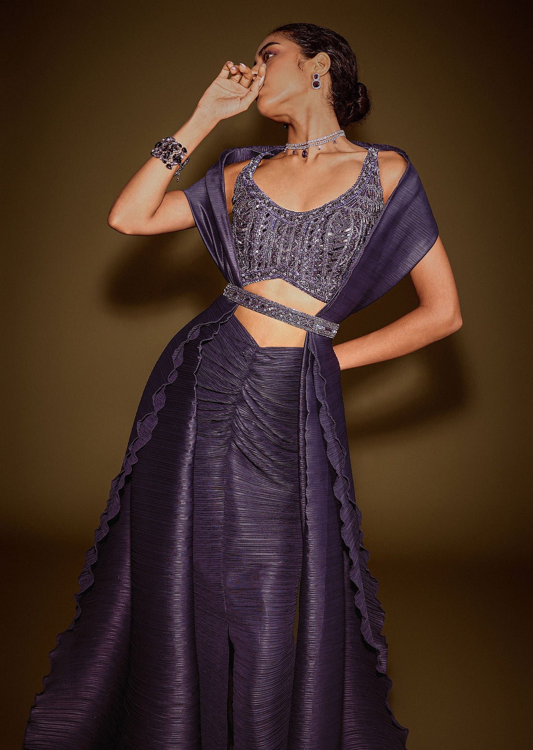 Violet Drape Skirt With Embroidered Blouse Belt And Dupatta