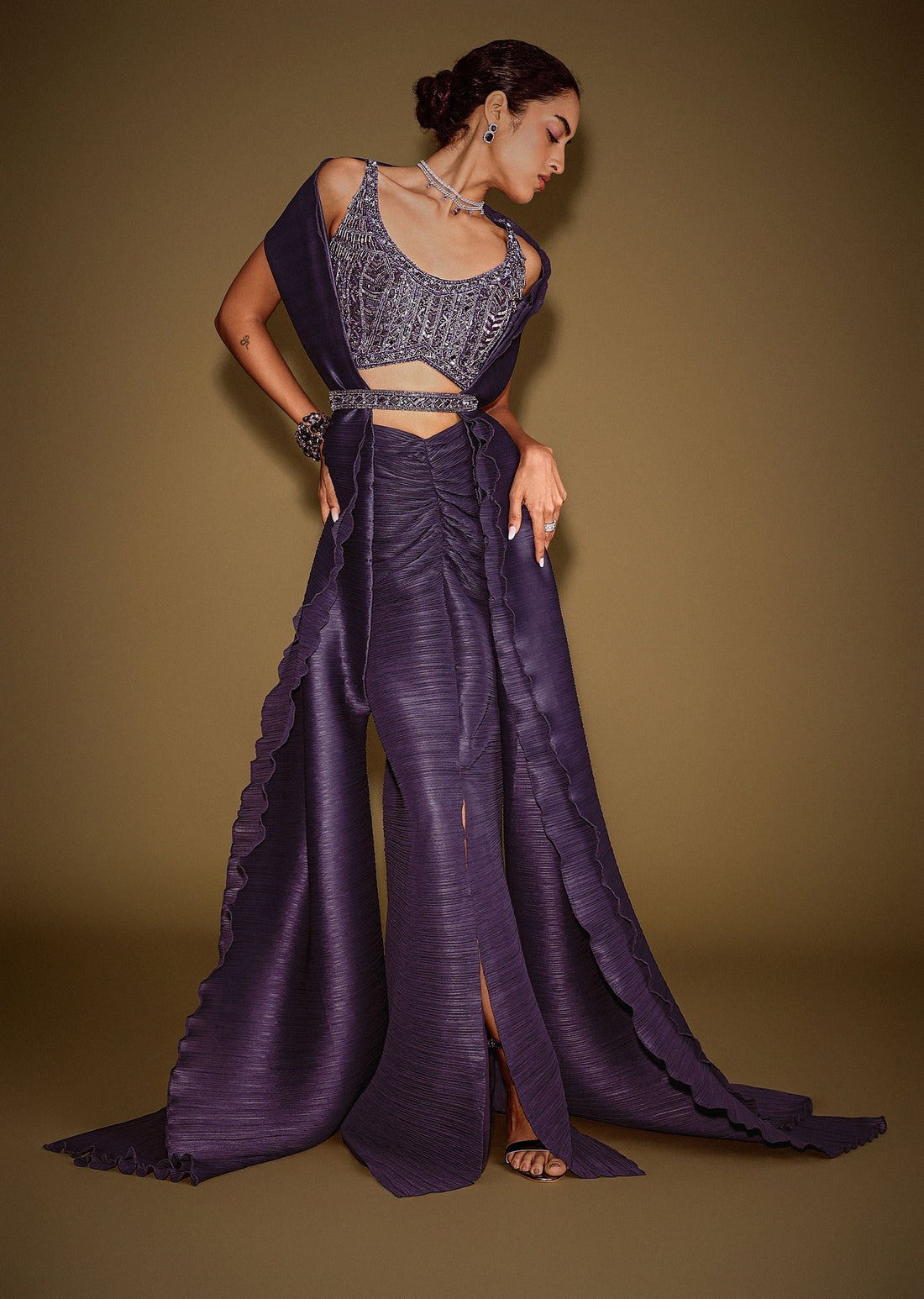 Violet Drape Skirt With Embroidered Blouse Belt And Dupatta