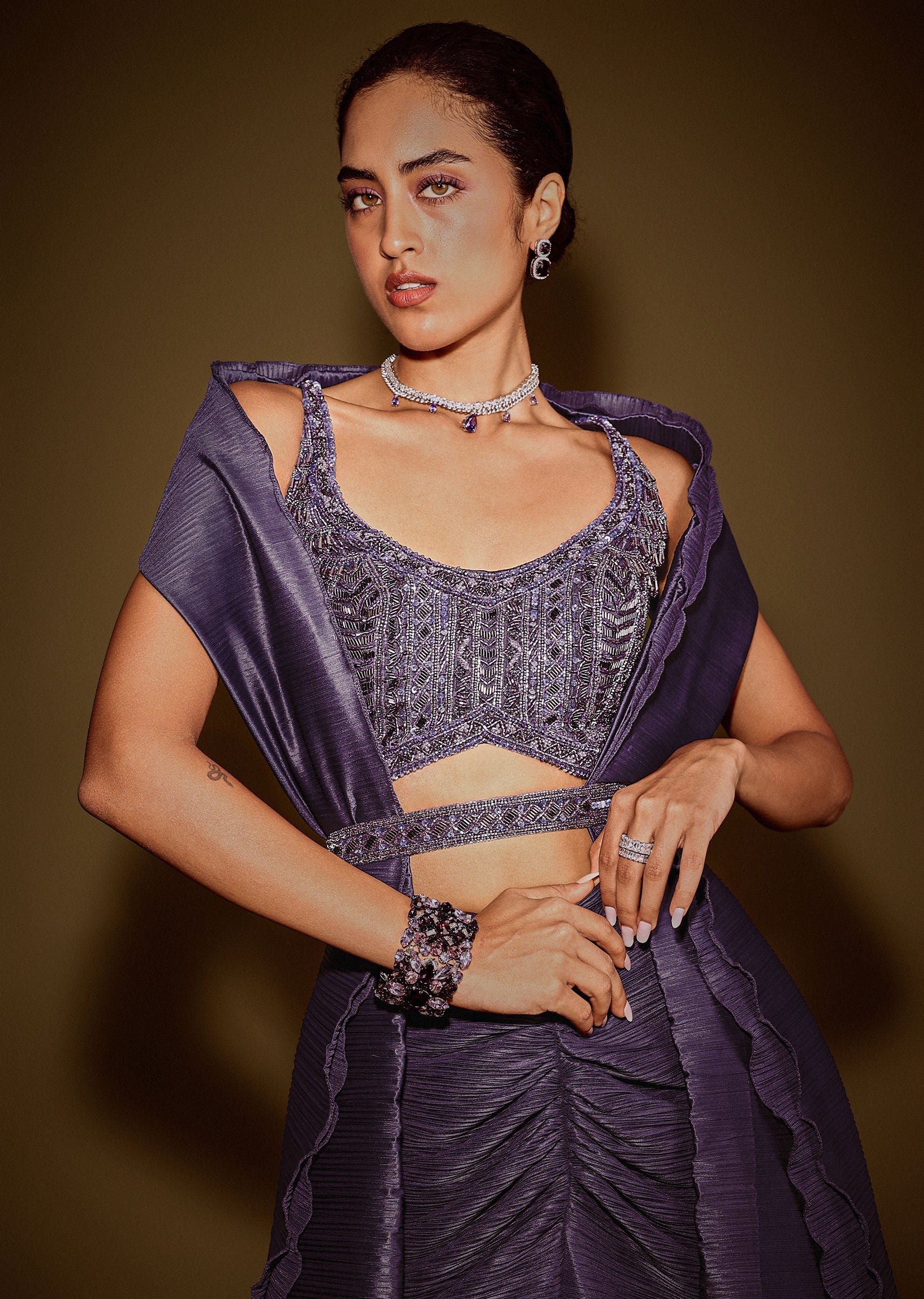 Violet Drape Skirt With Embroidered Blouse Belt And Dupatta