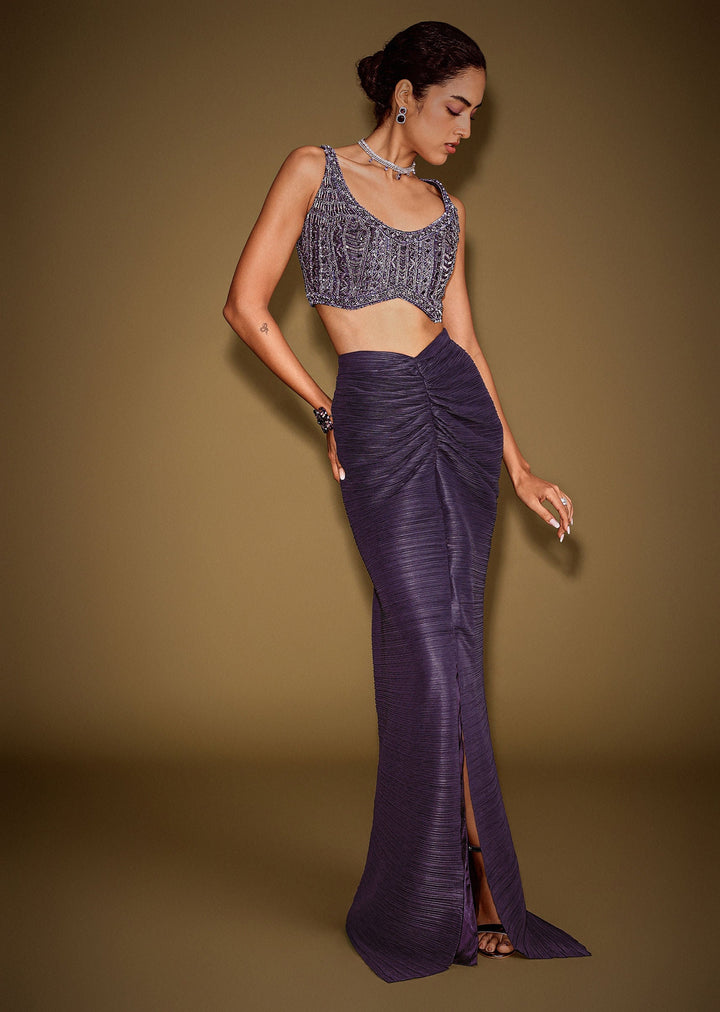 Violet Drape Skirt With Embroidered Blouse Belt And Dupatta