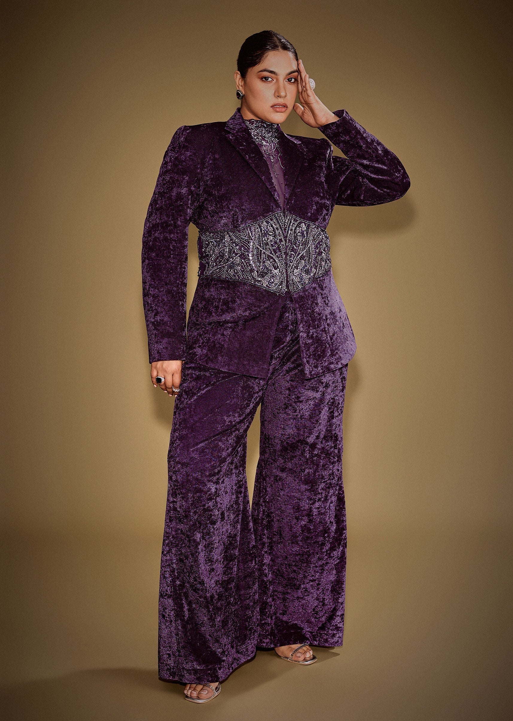 Violet Embroidered Velvet Blazer Set With Polo Neck Top And Pants