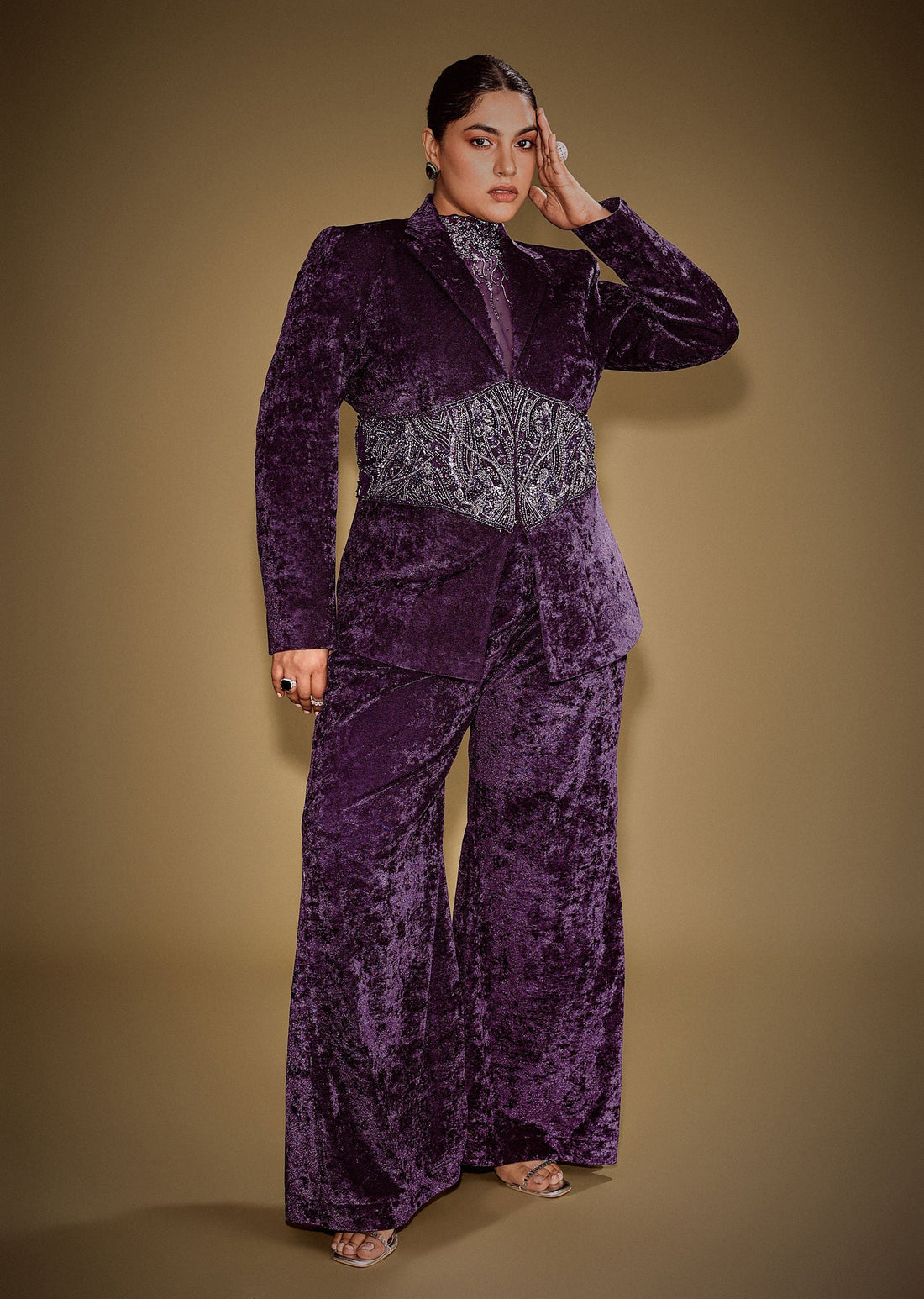 Violet Embroidered Velvet Blazer Set With Polo Neck Top And Pants
