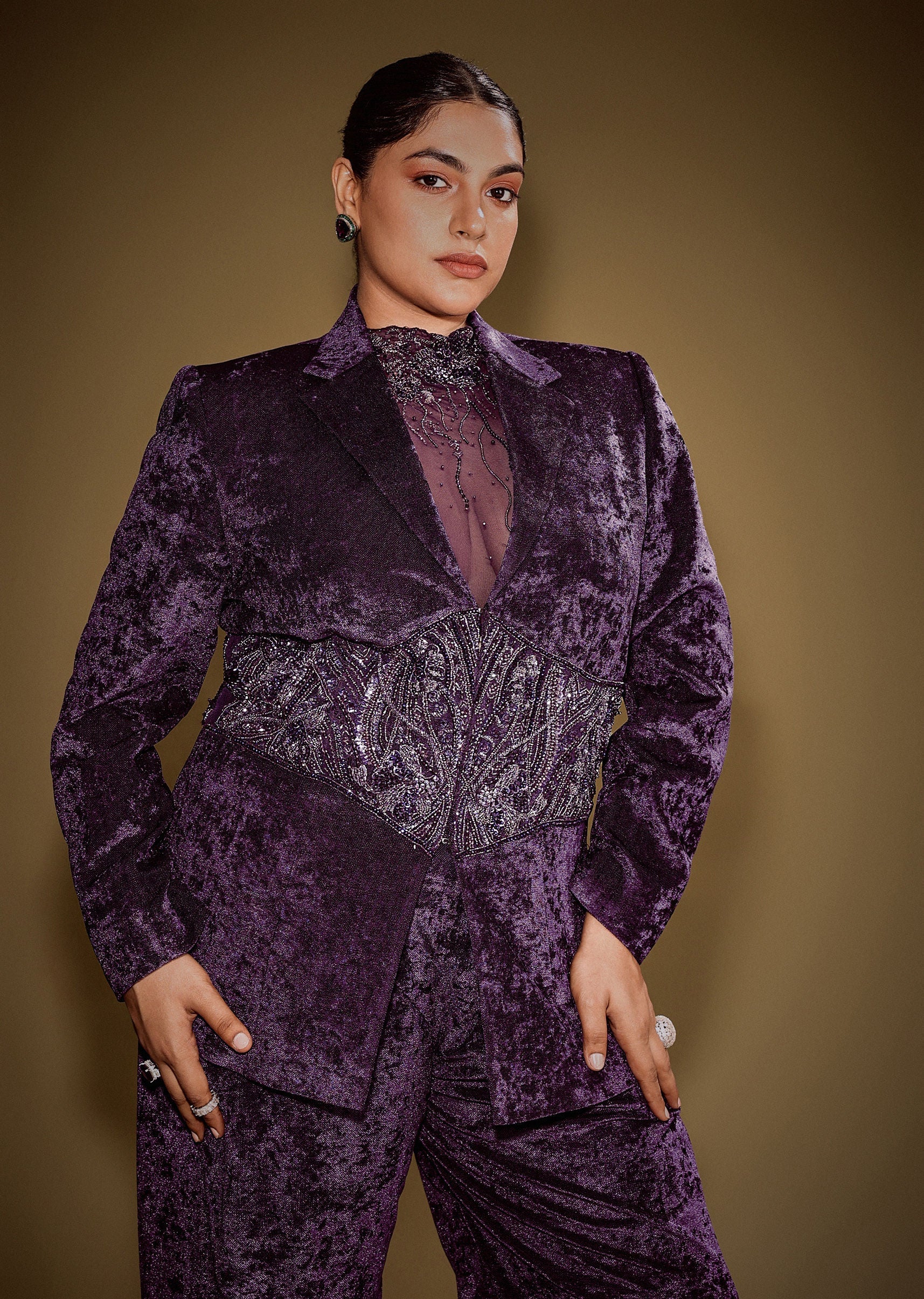 Violet Embroidered Velvet Blazer Set With Polo Neck Top And Pants