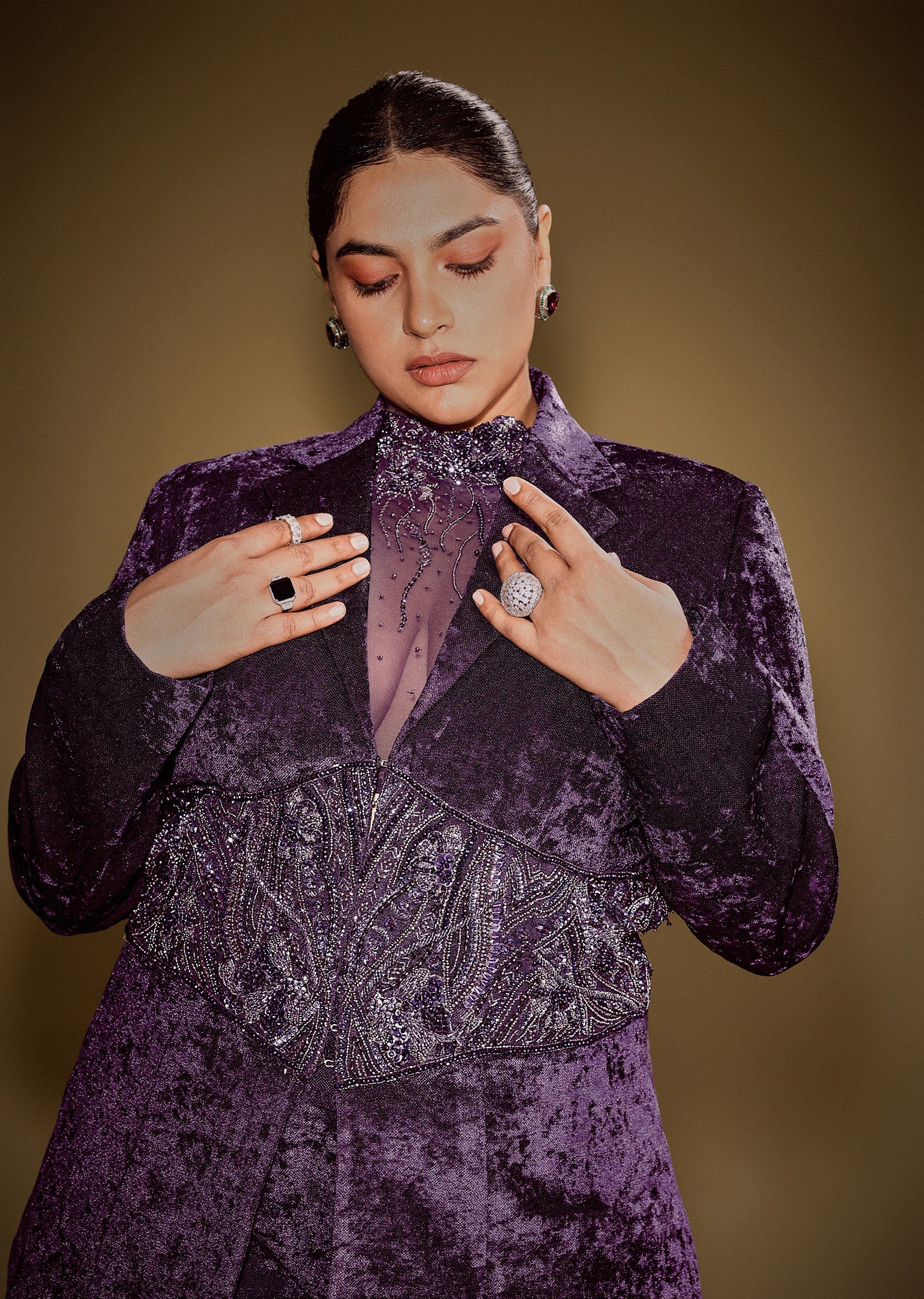 Violet Embroidered Velvet Blazer Set With Polo Neck Top And Pants