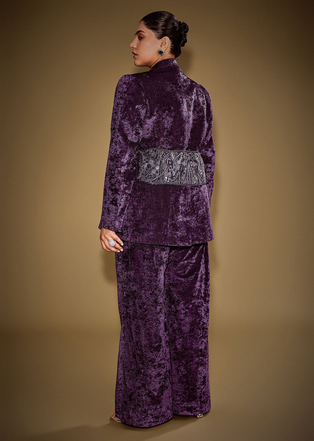 Violet Embroidered Velvet Blazer Set With Polo Neck Top And Pants