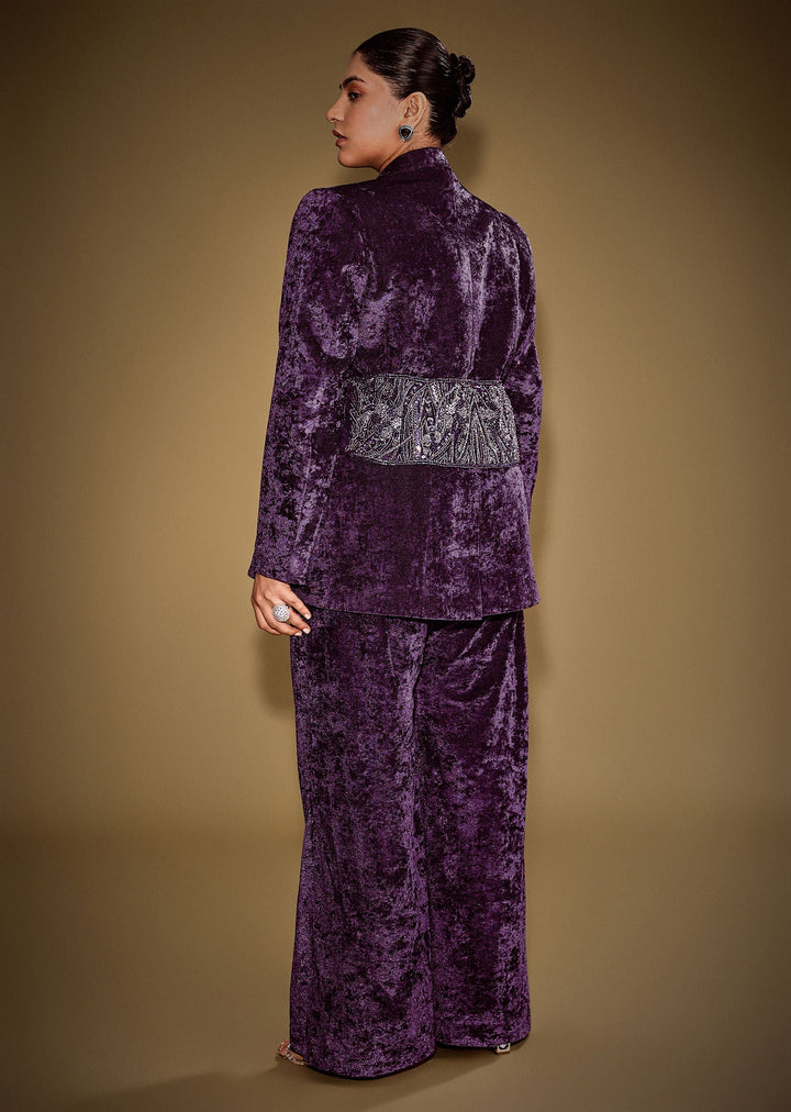 Violet Embroidered Velvet Blazer Set With Polo Neck Top And Pants